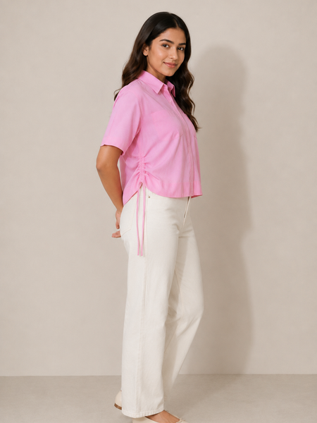 Women's Pink Striped Crop Shirt in Cotton Blend Fabric
