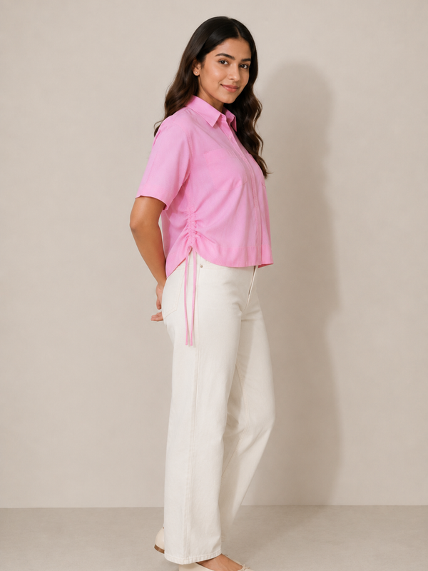 Women's Pink Striped Crop Shirt in Cotton Blend Fabric