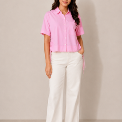 Women's Pink Striped Crop Shirt in Cotton Blend Fabric