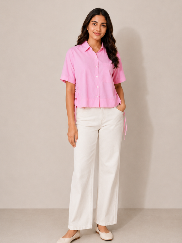 Women's Pink Striped Crop Shirt in Cotton Blend Fabric