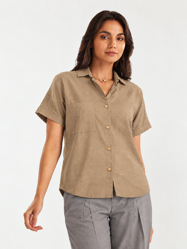 Women’s Shoulder Down Cotton Slub Solid Casual Shirt