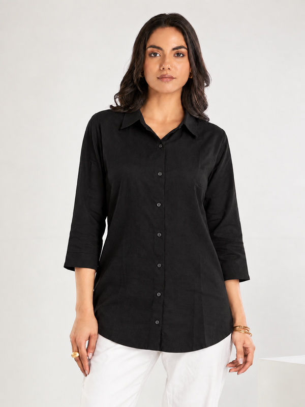Women’s Cotton Slub Solid Casual Shirt with 3/4 Sleeves