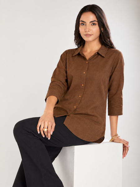 Women’s Cotton Slub Solid Casual Shirt with 3/4 Sleeves