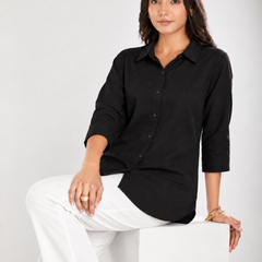 Women’s Cotton Slub Solid Casual Shirt with 3/4 Sleeves