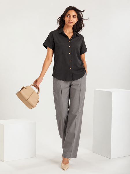 Women’s Shoulder Down Cotton Slub Solid Casual Shirt