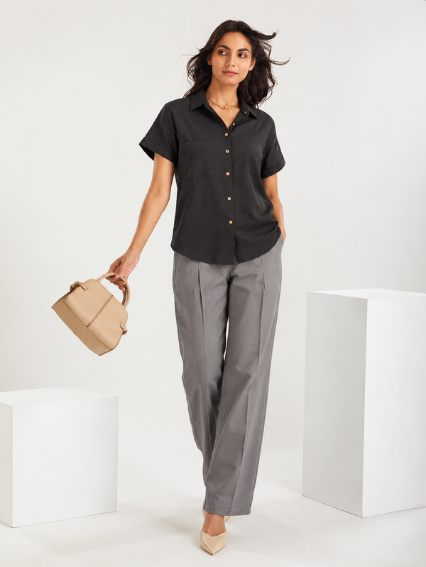 Women’s Shoulder Down Cotton Slub Solid Casual Shirt