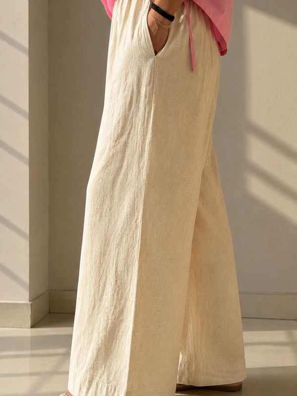 Ivory Cotton Slub Wide Leg Palazzo Trouser for Women