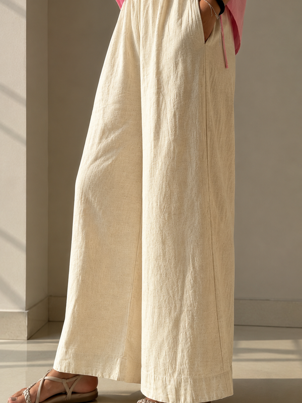 Ivory Cotton Slub Wide Leg Palazzo Trouser for Women
