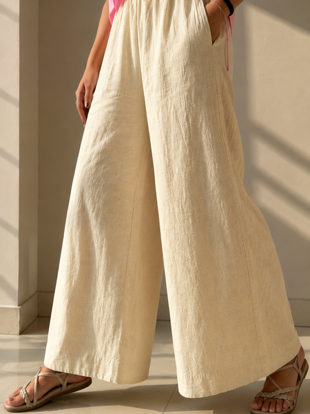 Ivory Cotton Slub Wide Leg Palazzo Trouser for Women