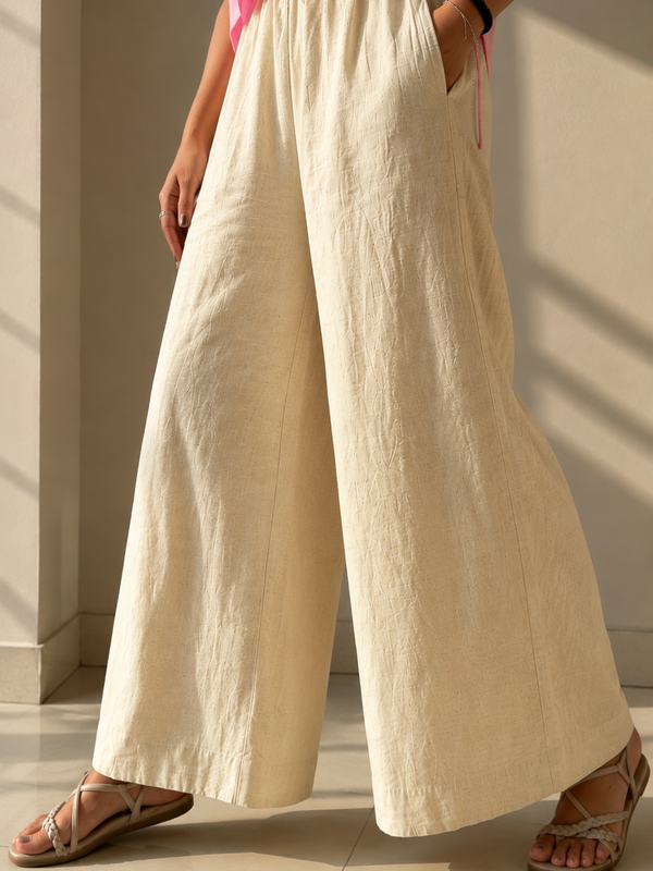 Ivory Cotton Slub Wide Leg Palazzo Trouser for Women