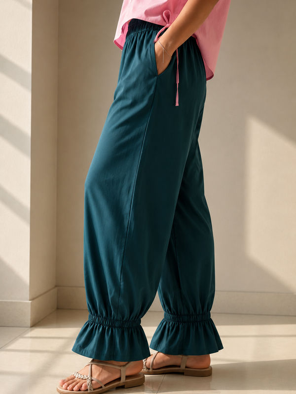 Teal Cotton Loose Fit Harem Pant for Women with Pockets