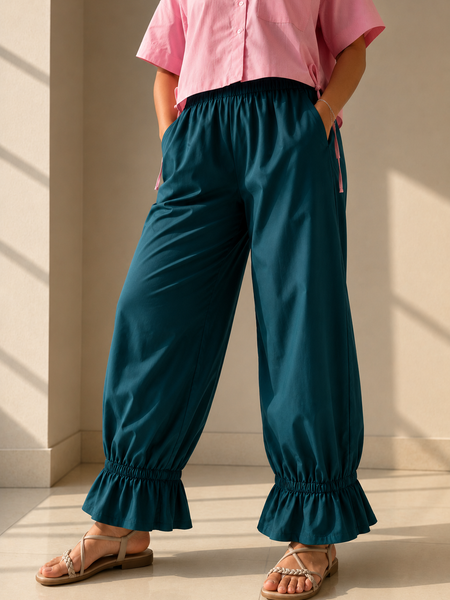 Teal Cotton Loose Fit Harem Pant for Women with Pockets