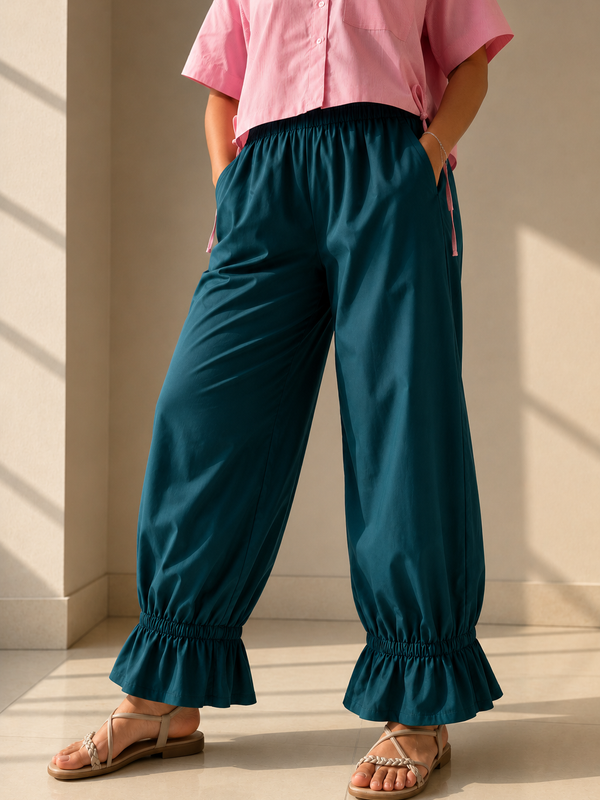 Teal Cotton Loose Fit Harem Pant for Women with Pockets