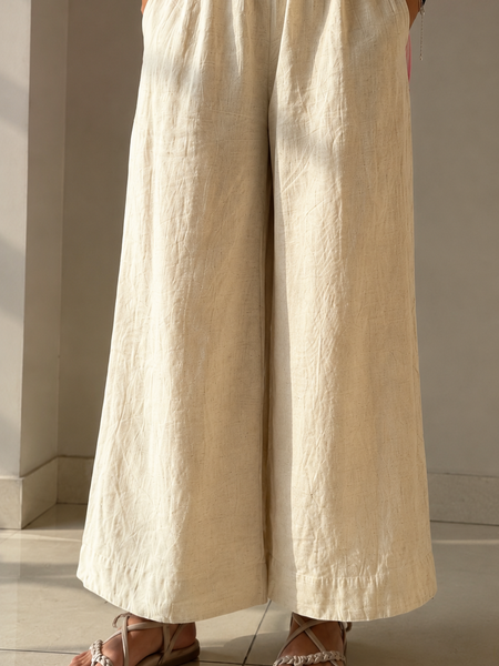 Ivory Cotton Slub Wide Leg Palazzo Trouser for Women