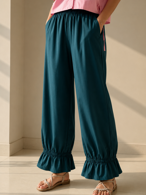 Teal Cotton Loose Fit Harem Pant for Women with Pockets