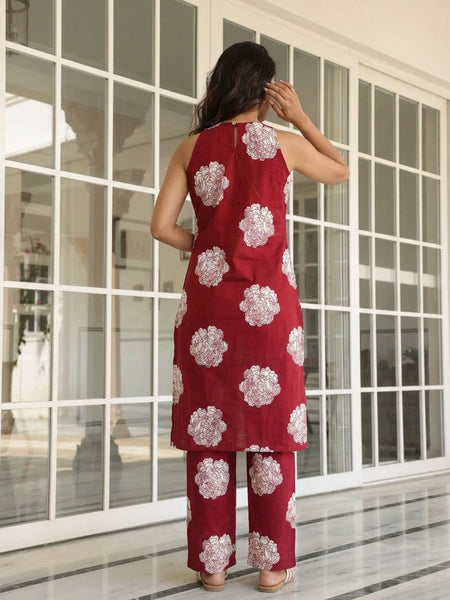 Women Cotton Maroon Printed Co-Ord Set