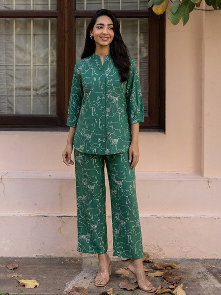 Women Green Printed Pure Cotton Co-Ord Set